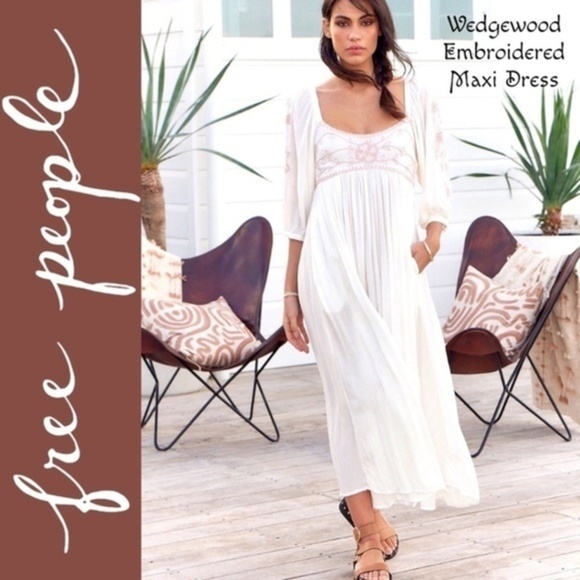 Free People Dresses & Skirts - FREE PEOPLE Wedgewood Embroidered Scoop Neck 3/4 Puff Sleeve Maxi Dress NWT/SM
